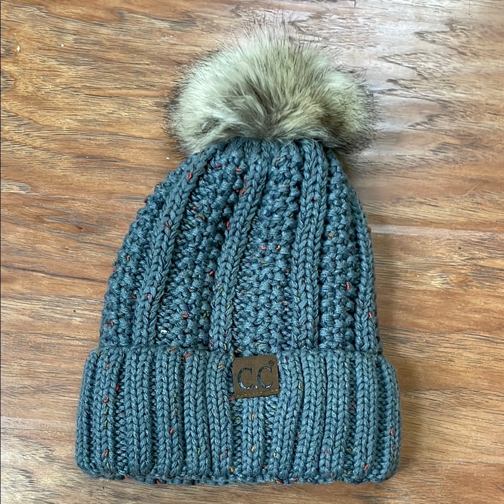 CC Knit Beanie with Faux Fur Pom